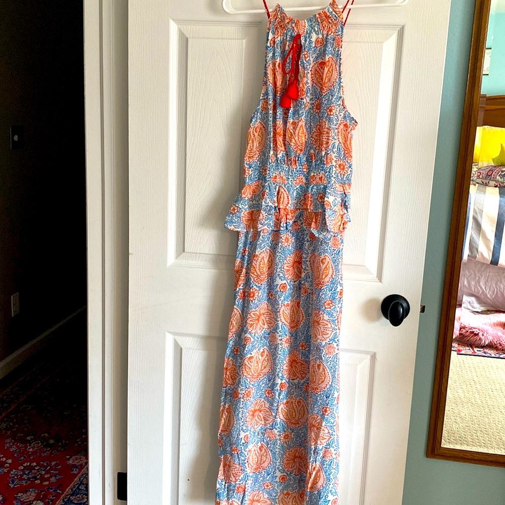 Banjanan orange and blue block print slip dress